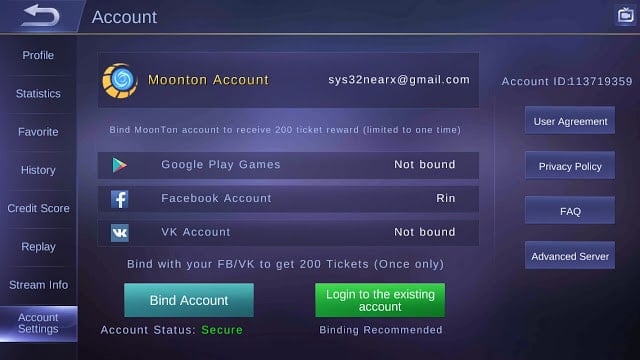 Moonton 계정 비밀번호 변경