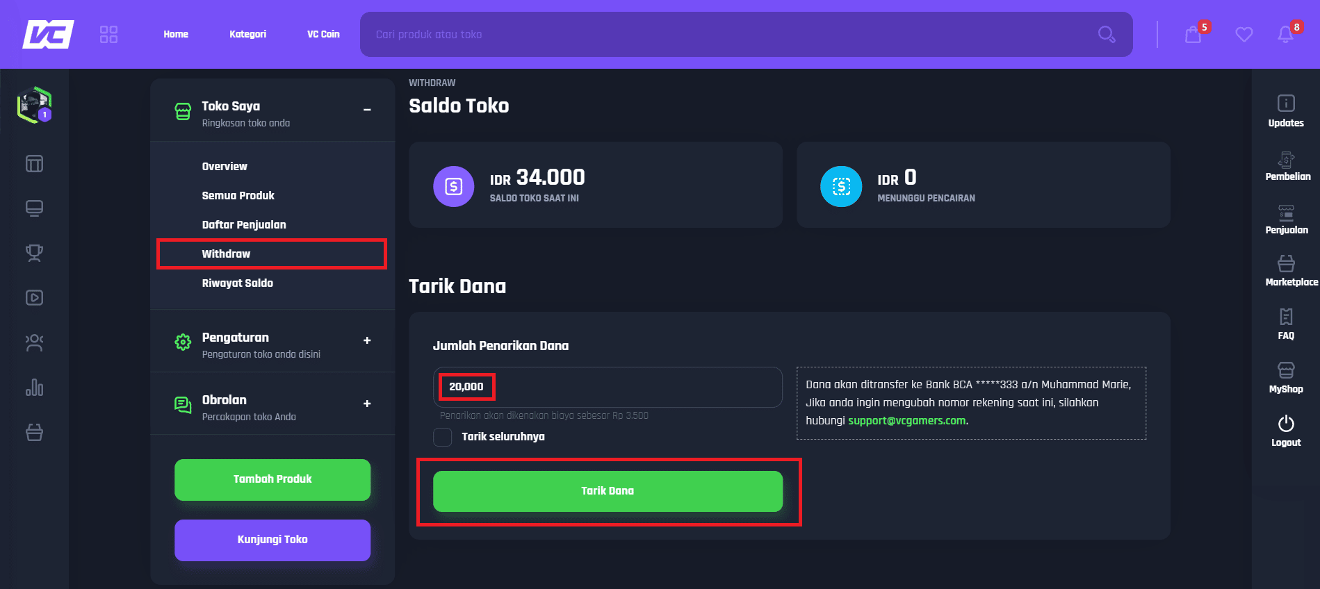 how to withdraw vcgamers marketplace balance