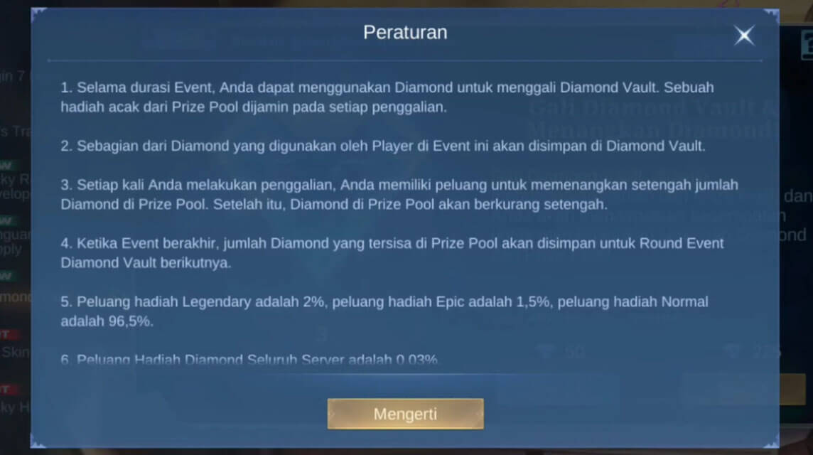 Participating in Diamond Vault ML (Mobile Legends) Can Get Rare Skins!