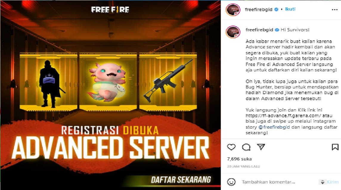 free fire advance server announcement on Instagram