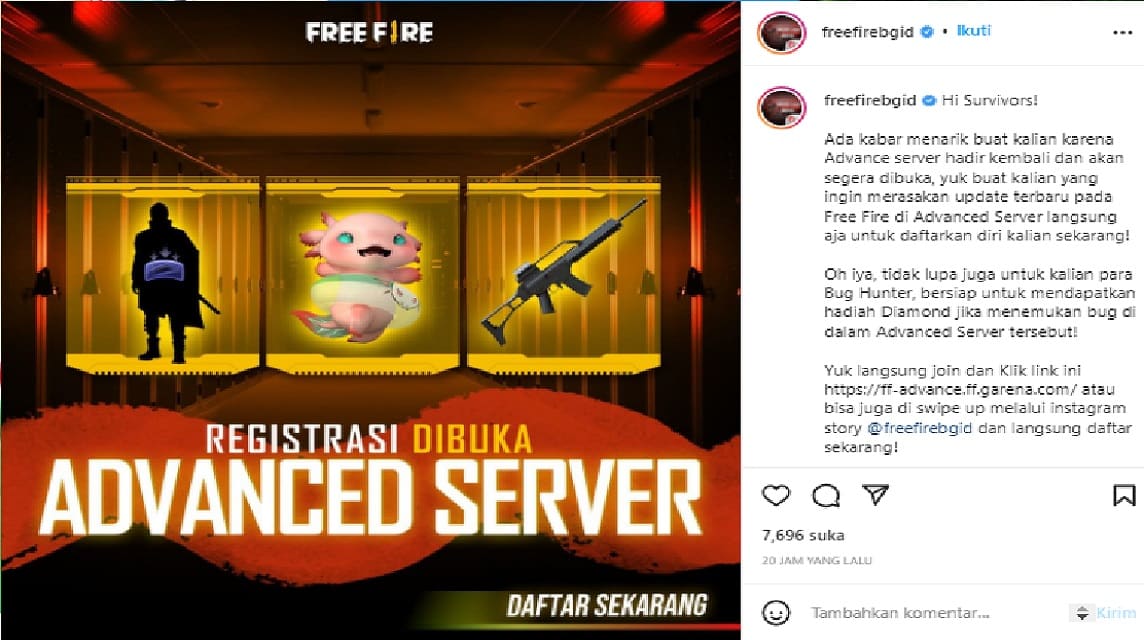 Instagramでの無料ファイアアドバンスサーバーの発表