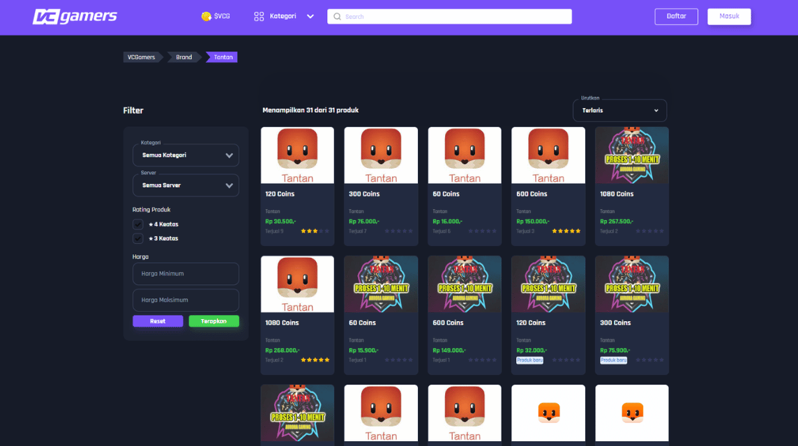 Halaman Top Up Tantan VCGamers