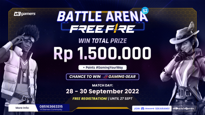 VCGamers Battle Arena FF S2 팔로우, 총 상금 수백만 루피아!