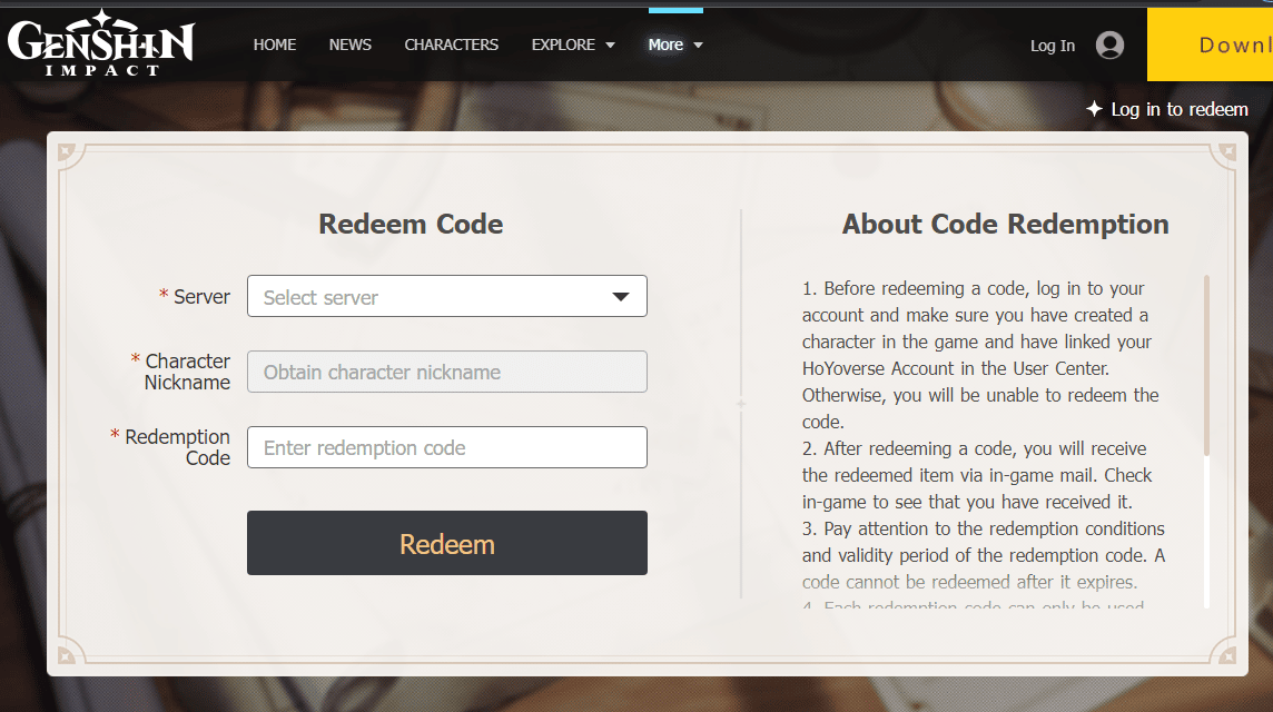 Redeem Sites Genshin Impact