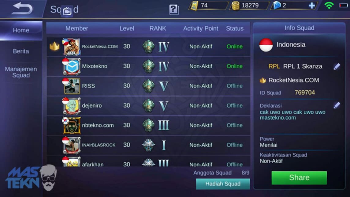 nama squad ml keren maret 2023