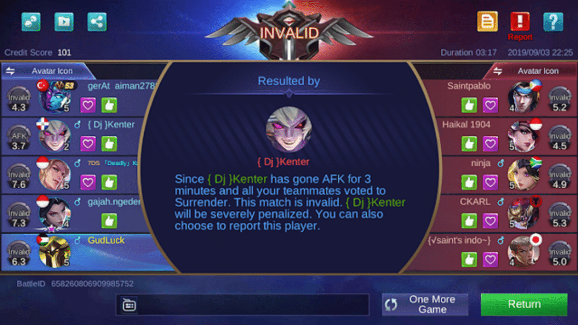 MLBB Player AFK Invalid Game